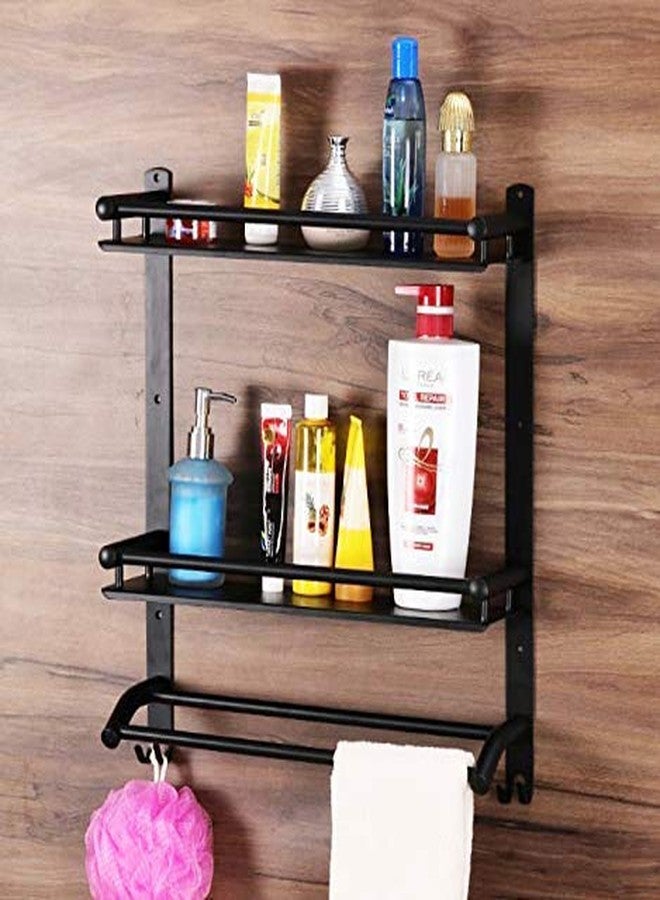 HANDY Stainless Steel Black Bahtroom Accessories 2 Layer Bathroom Shelf with Towel Rod and Hook Multipurpose Wall Mount Shelves Black Bathroom Shelf (16 x 5 x 17 inch) - Image 2